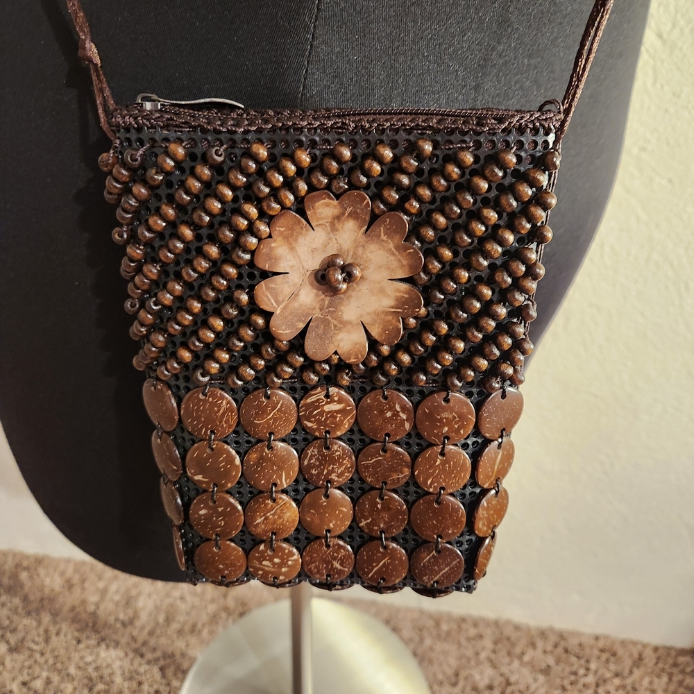 Brown Beaded Coconut Shell Crossbody Bag